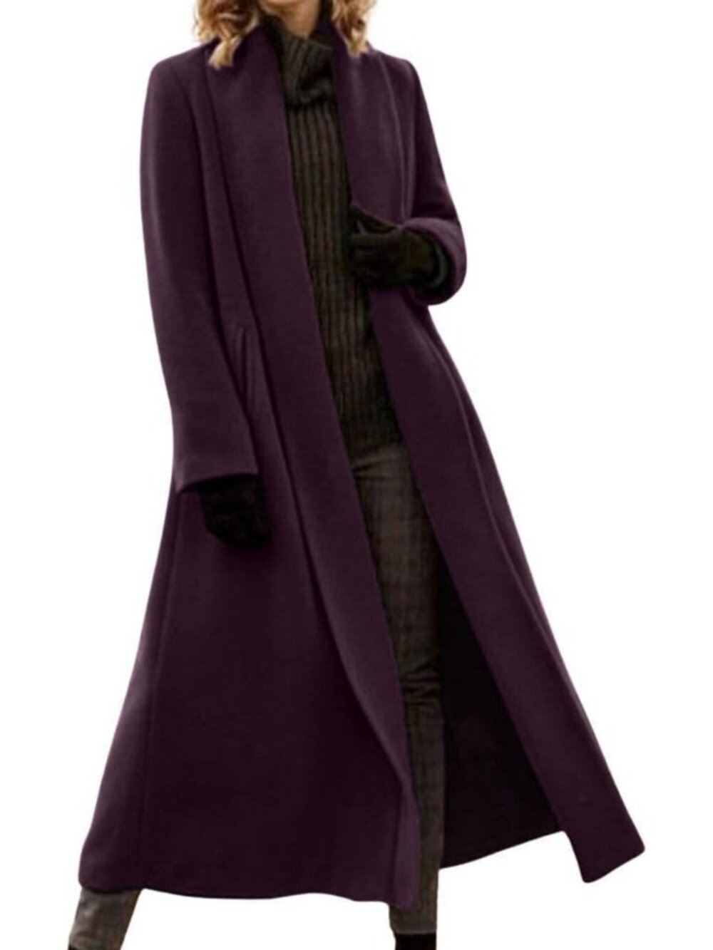 Elegant Shawl Collar Open Front Wool Coat - Formal Work Mid-Length Winter Pea